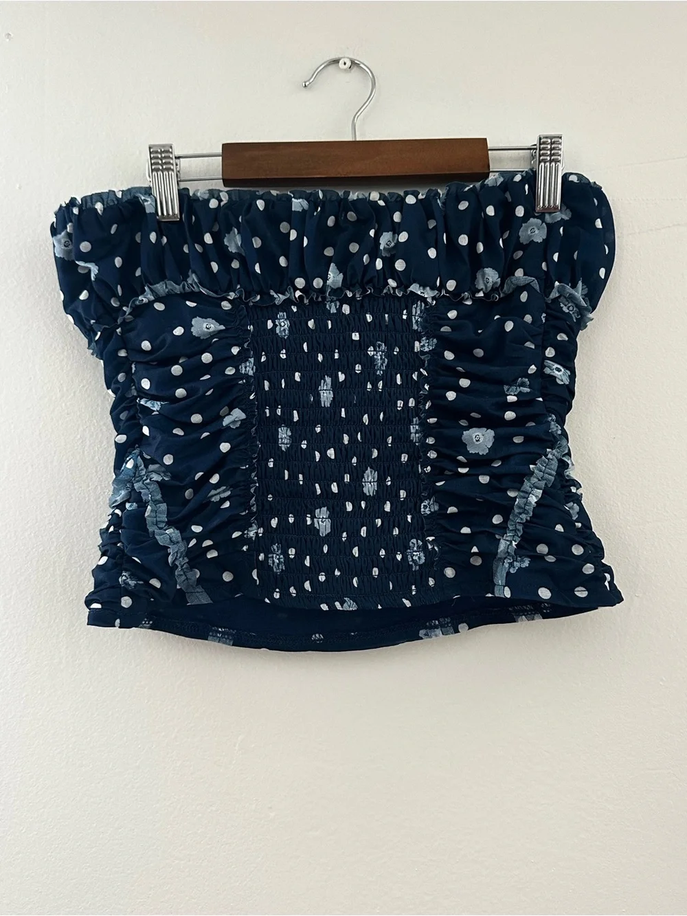 NWOT Free People Scottie Printed Cropped Shirred Mesh Navy Tube Top Smocked